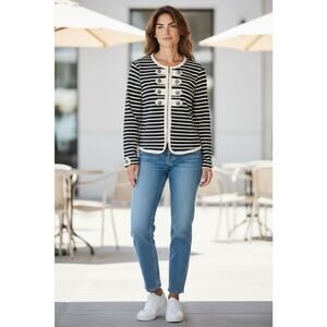 Clothes by REVUE Zipup Front Shirt Jacket Nautical Black Cream Stripes Size XL